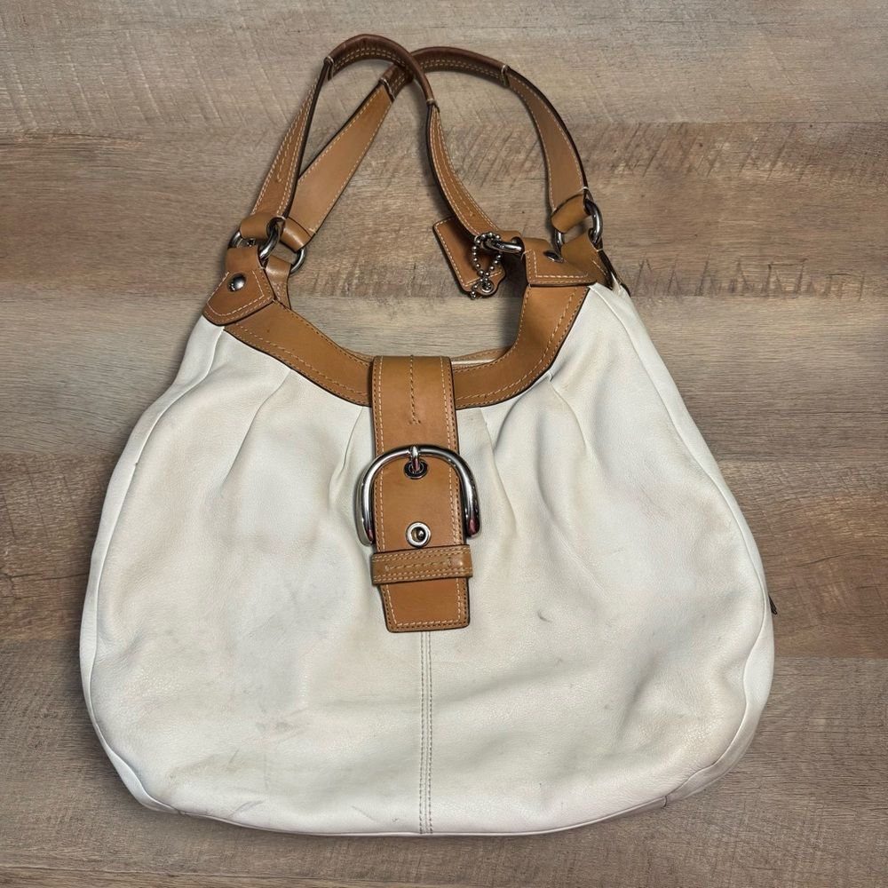Vintage Coach Lynn SoHo Shoulder Bag White Leather w/ Brown Accents Y2K